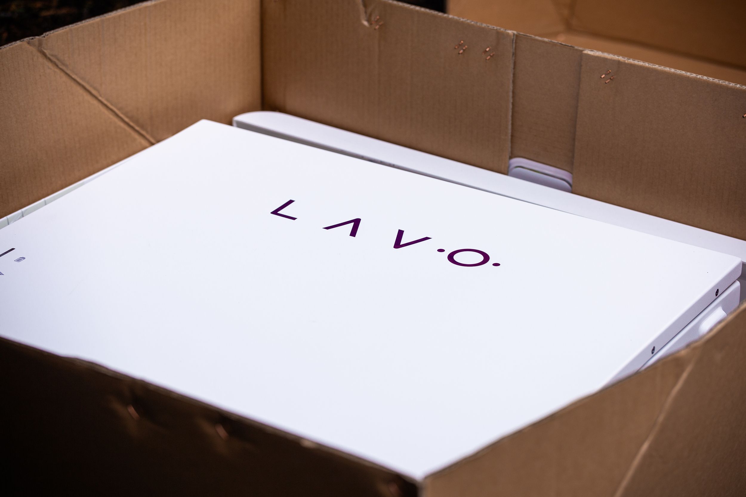 A partially open cardboard box reveals a white package labeled "Lavo".