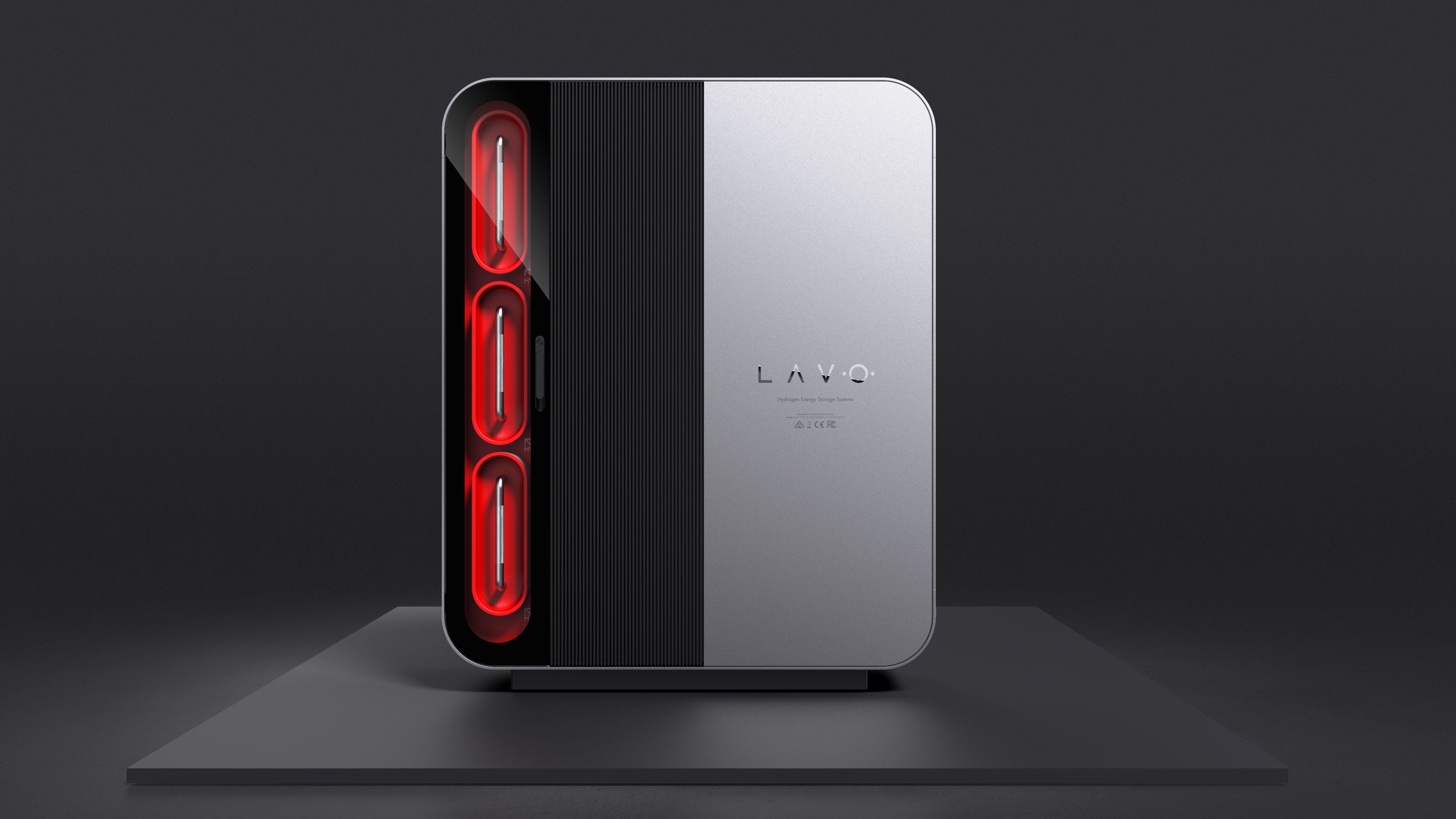 A sleek, modern Lavo device with a silver and black design and three red lights on one side, set against a dark background.