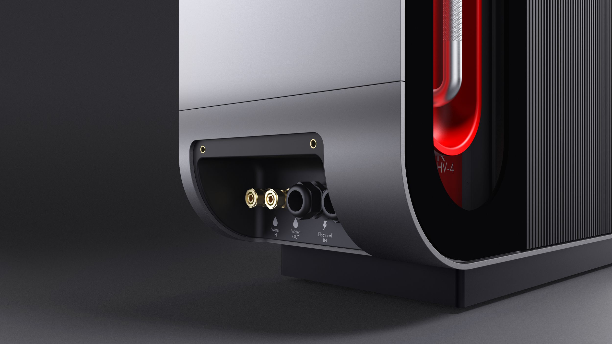 Close-up of a sleek computer case with red lighting and various audio ports on the back.