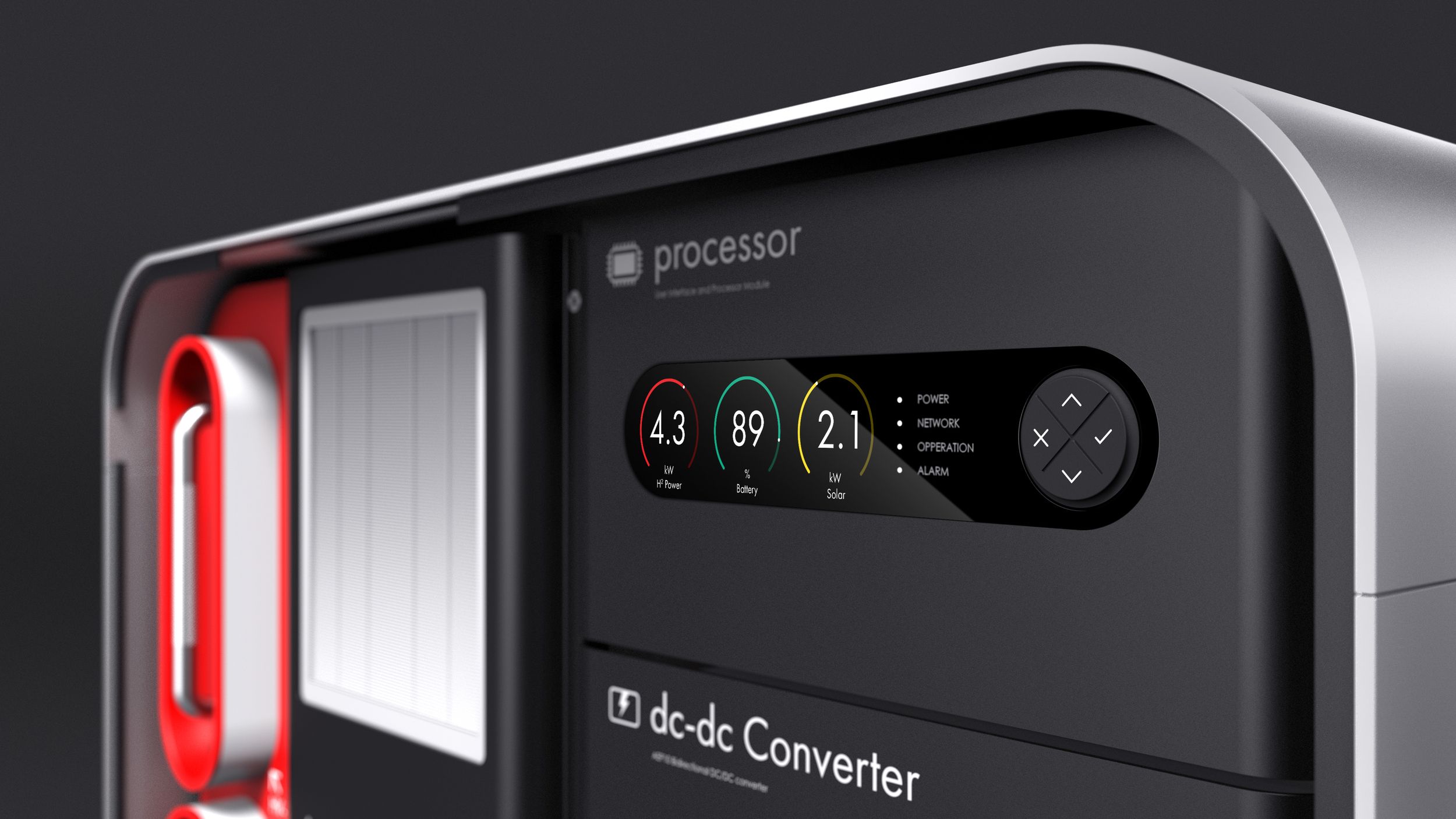 Close-up of a sleek Lavo device with a digital display showing numbers and labels for processing and conversion.