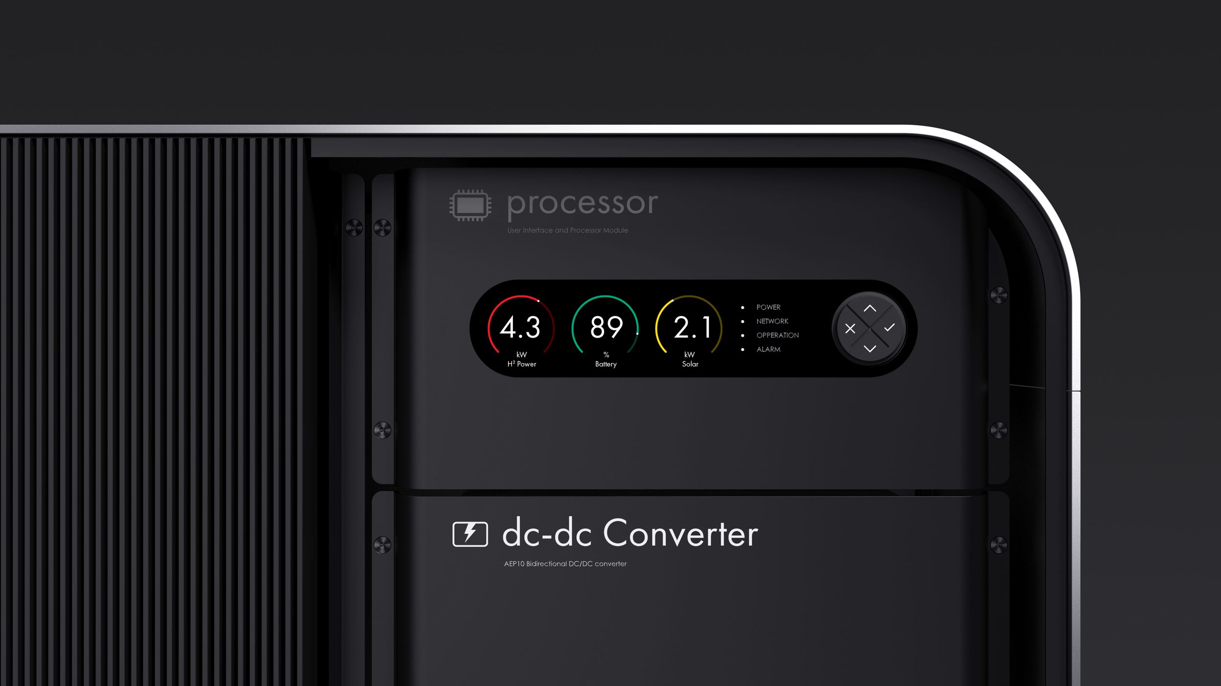 Close-up of a black device showing a digital display with numbers and the label "dc-dc Converter" on its front panel.