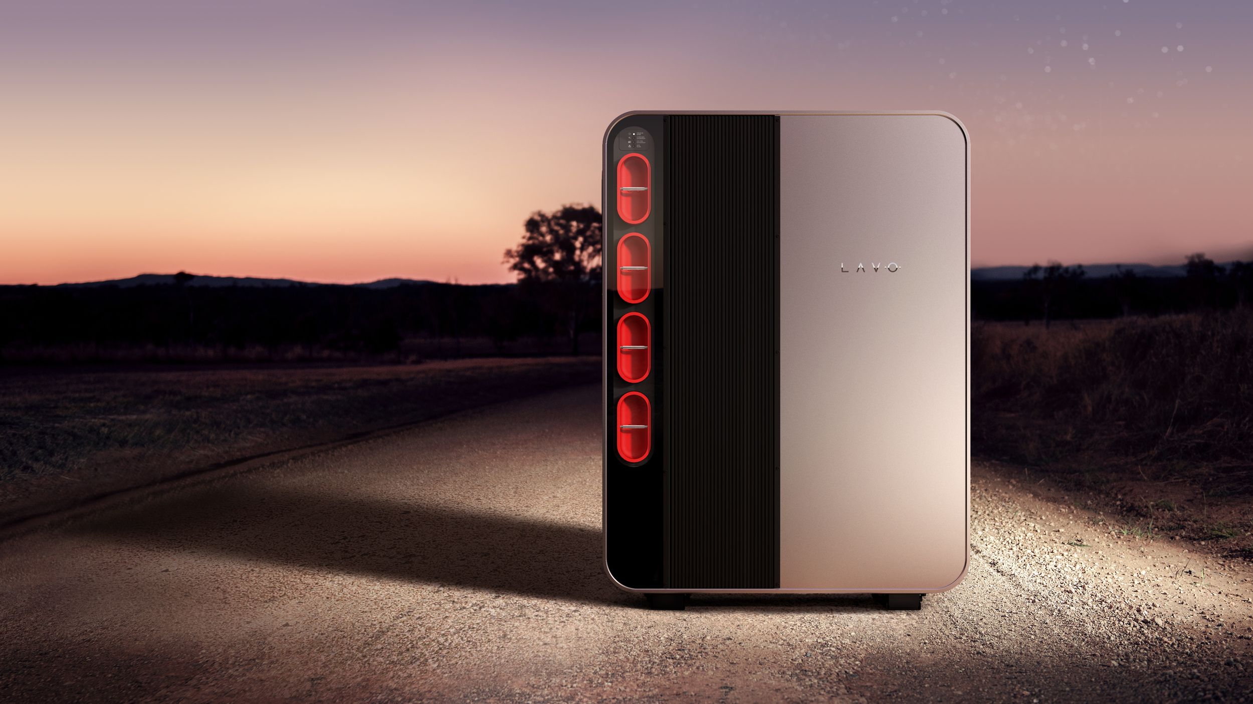 A red and silver portable drink holder designed to hold two cans or bottles side by side.