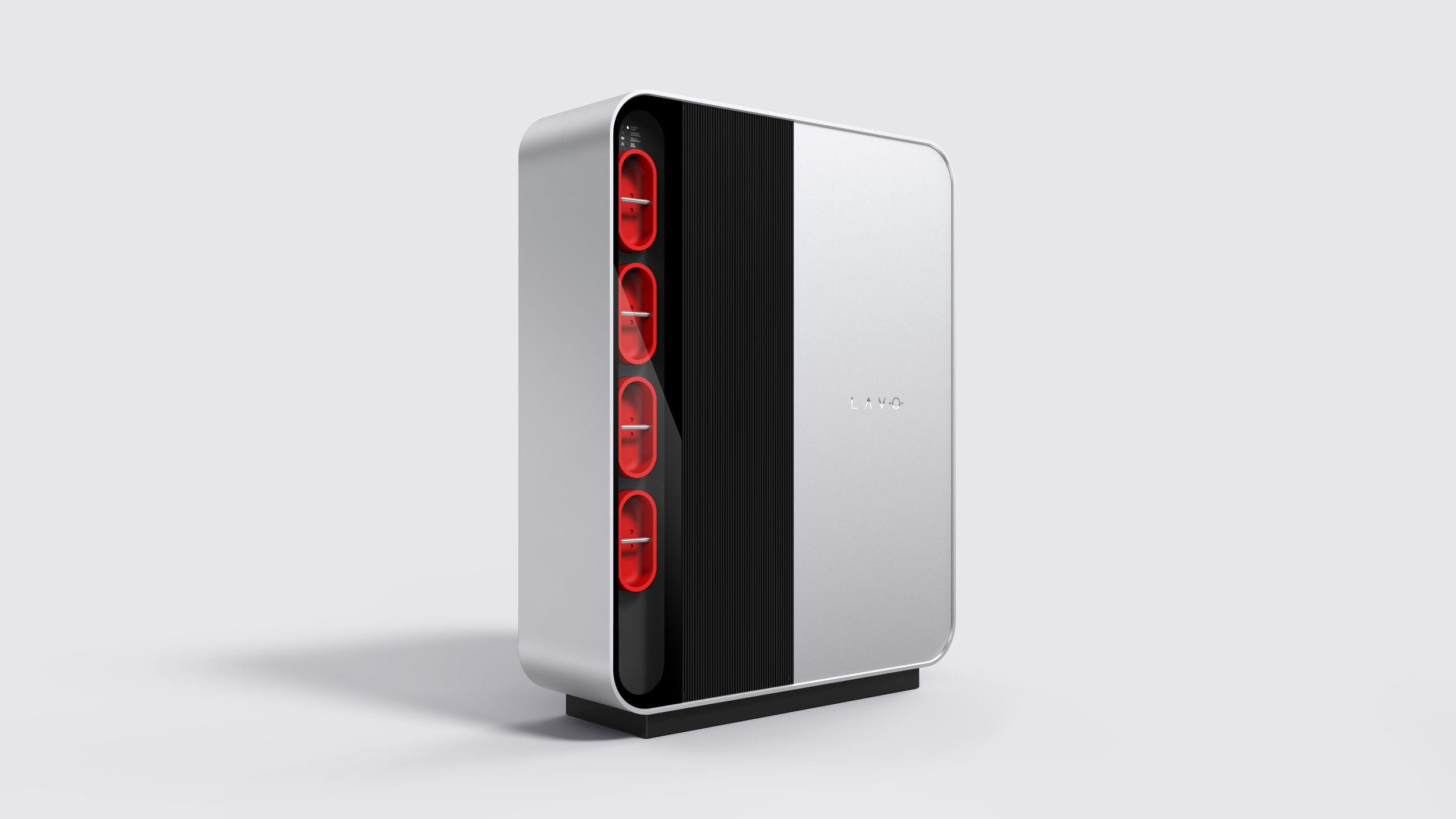 A modern red and silver dual cup dispenser designed for holding and dispensing cups.