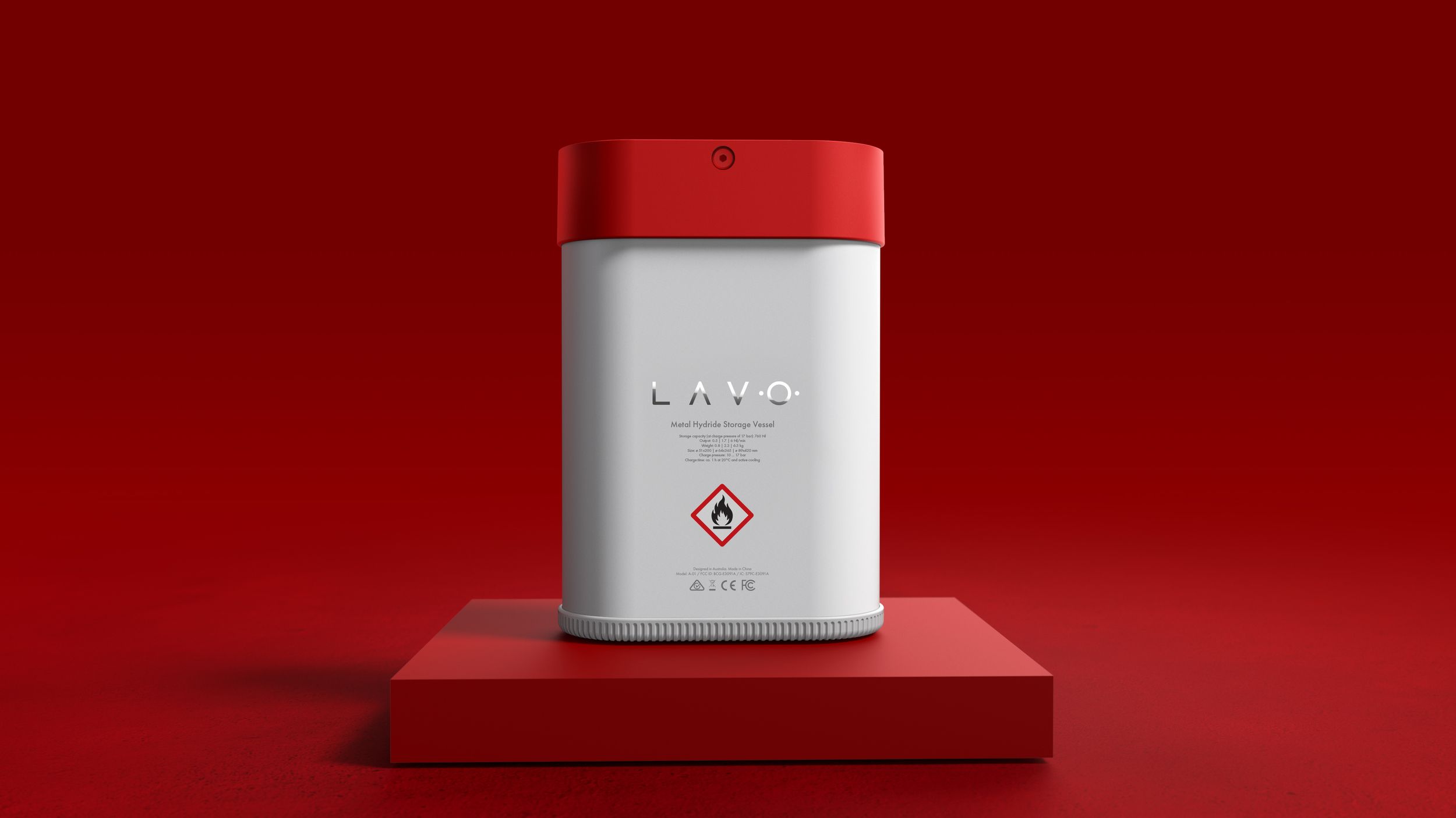 A white container with a red lid sits on a red platform, with minimalist branding and a diamond logo.