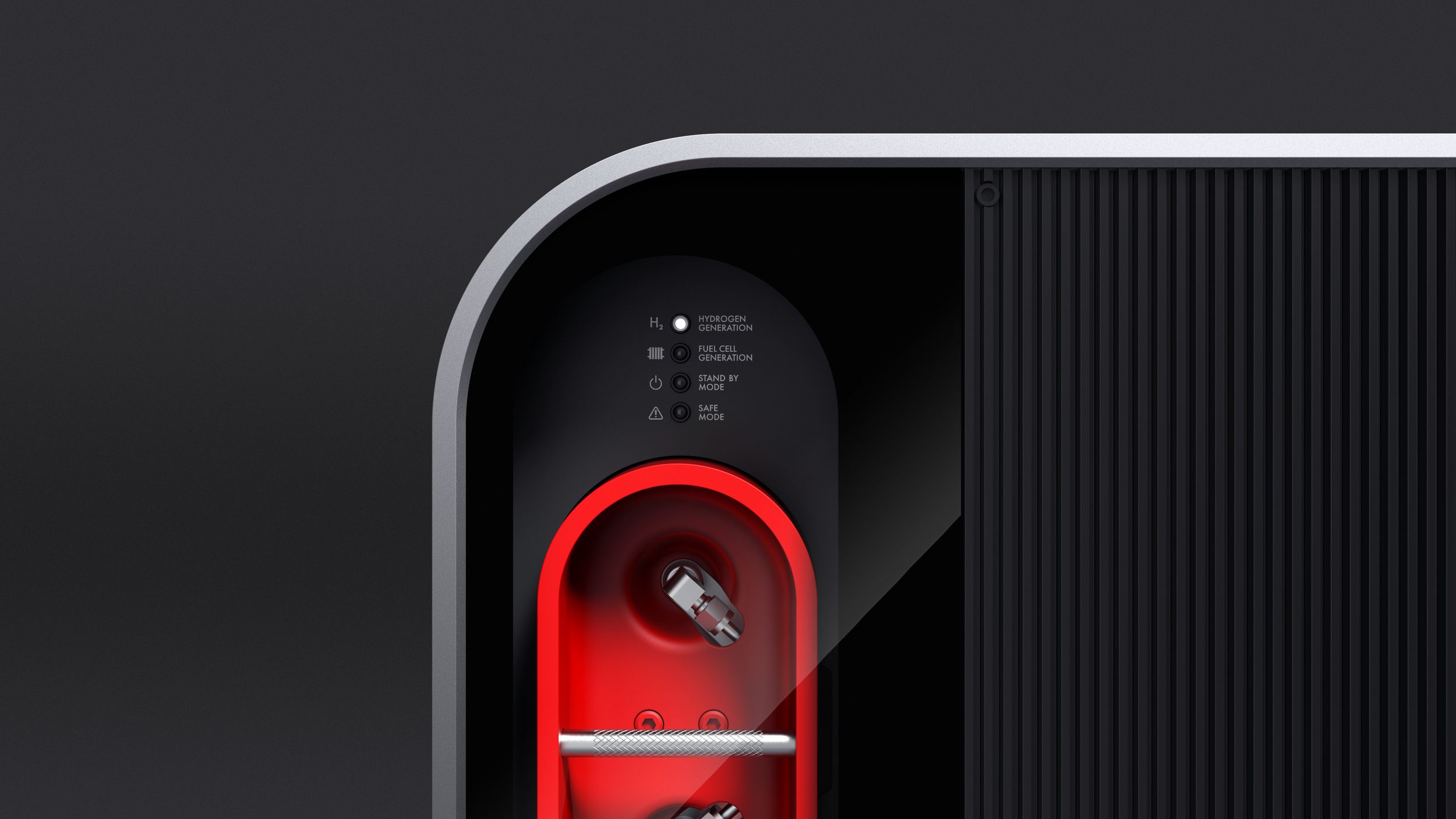 Close-up of a sleek Lavo device with a digital display showing numbers and labels for processing and conversion.